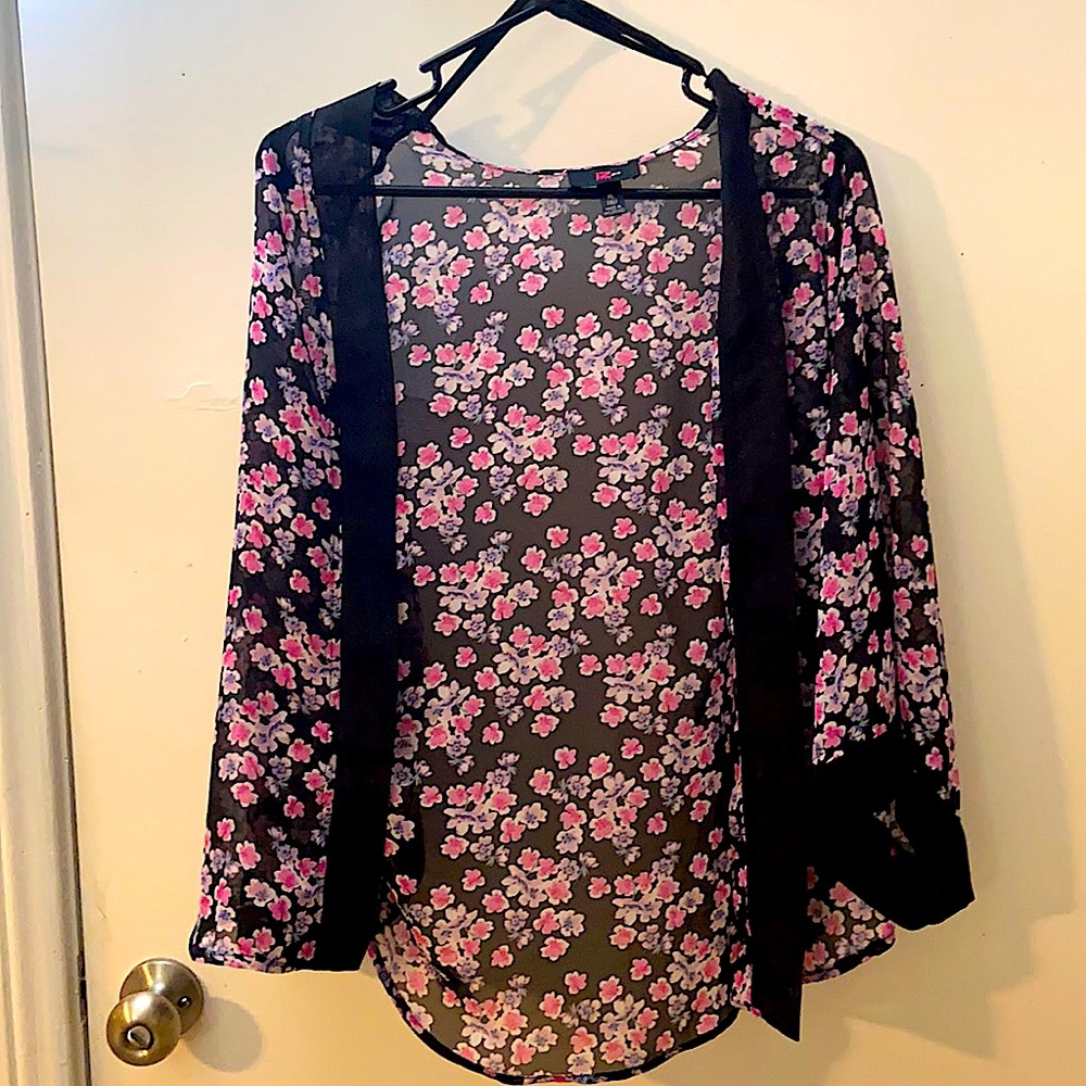 Sheer Black & Pink Floral Kimono XL